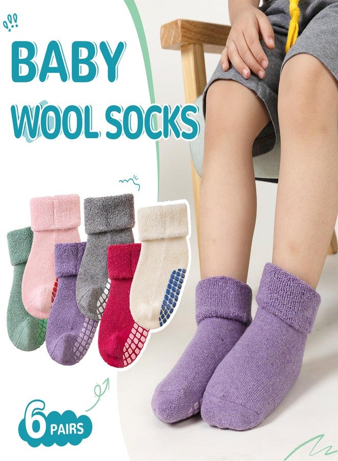 Eocom 6 Pairs Baby Boy Girl Non Slip Socks Child Toddler Winter Thick Soft Wool Kids Warm Socks with Grips(Grey/Rose Red/White/Purple/Light Green/Pink, 3-5T) - Image 3